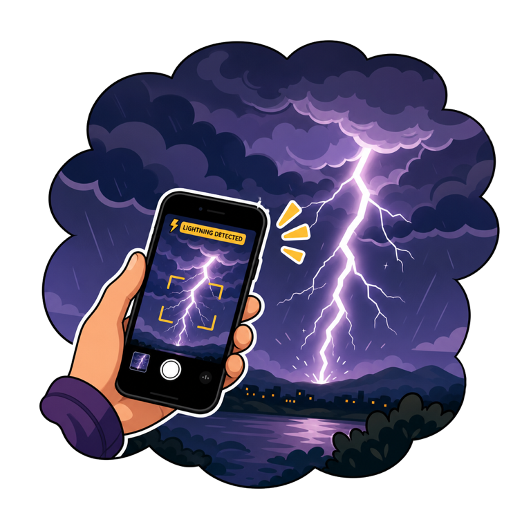 Phone pointed at a storm detecting lightning